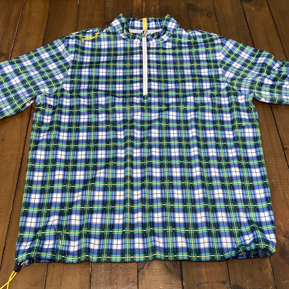 RLX Ralph Lauren Mens Plaid 1/4 Zip Windbreaker Water Repellent Jacket Blue L